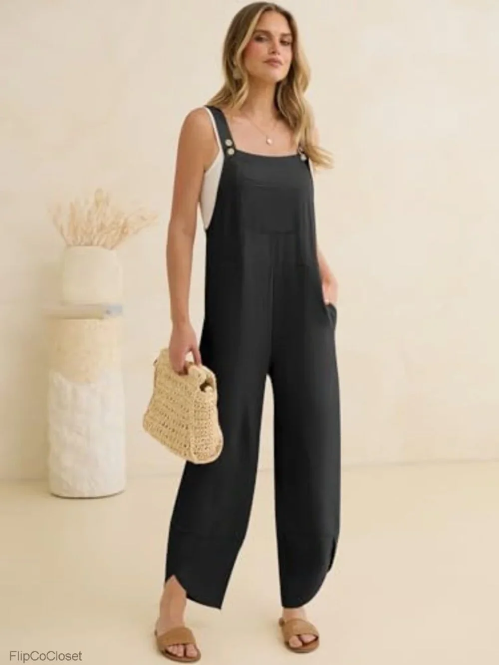 Casual Loose Fit Overall Jumpsuit with Adjustable Straps & Side Pockets